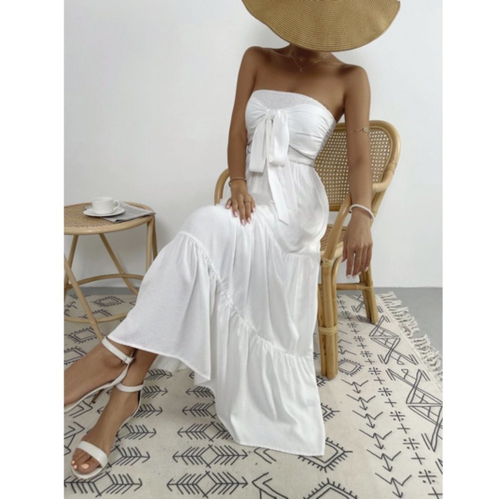 Boho Tie Front Shirred Ruffle Hem Tube Dress WHITE - Picture 2 of 6